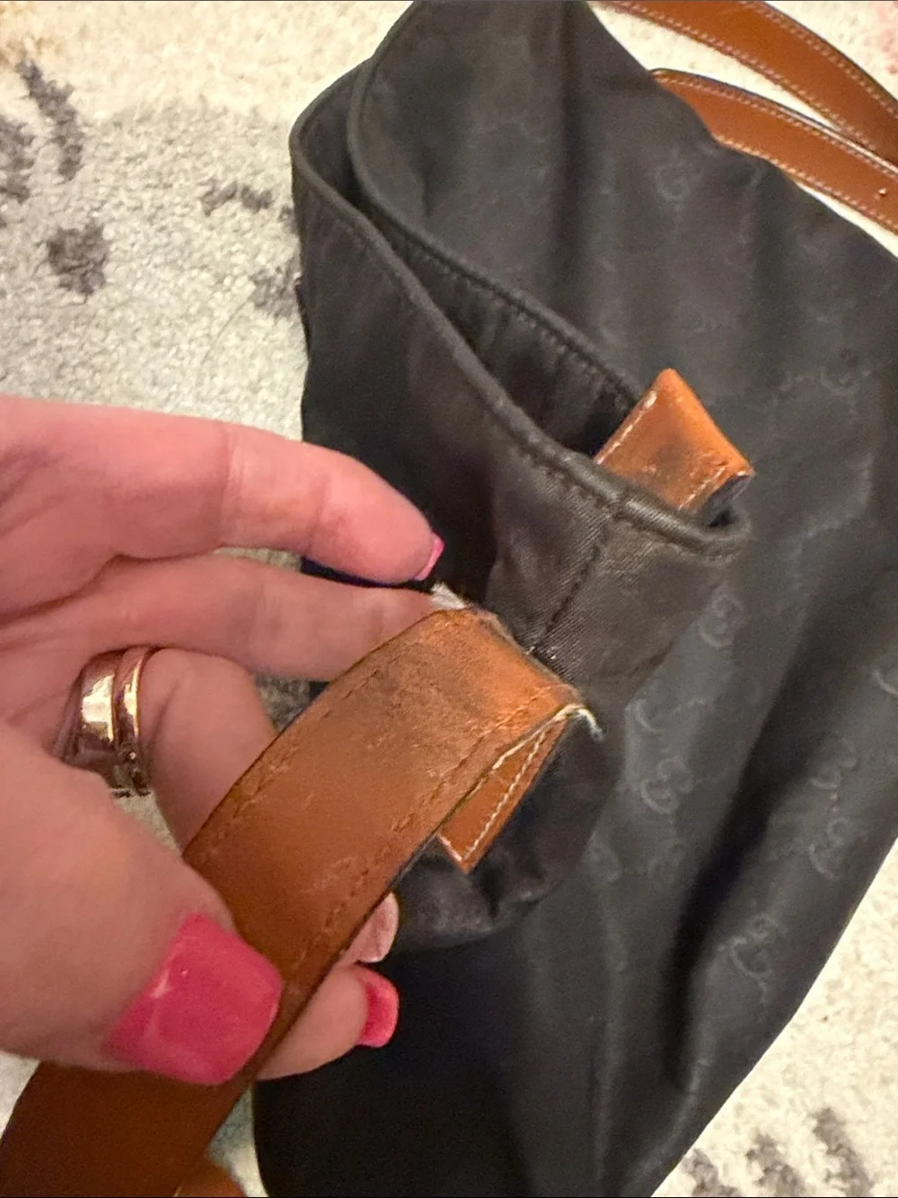 Gucci Black Monogram Messenger Bag with Brown Leather Strap